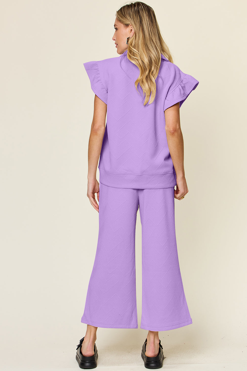 Double Take Texture Ruffle Short Sleeve Top and Drawstring Wide Leg Pants Set - UrbanEthereal