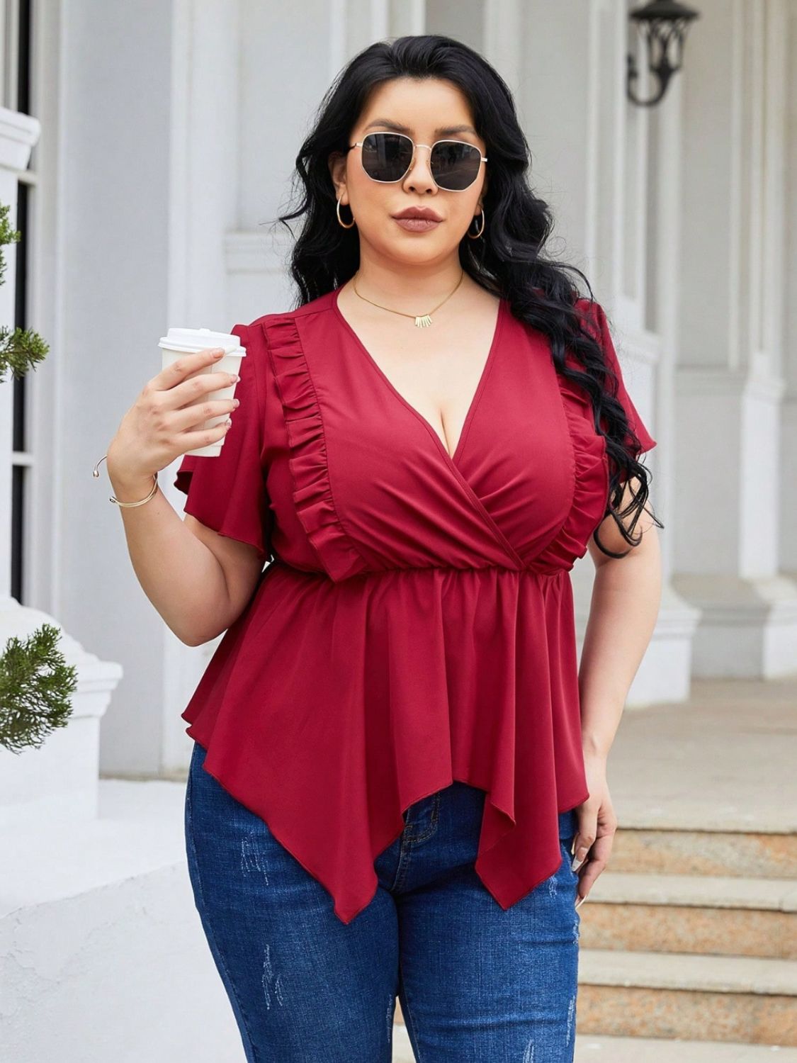 Plus Size Frill Surplice Flutter Sleeve Blouse - UrbanEthereal