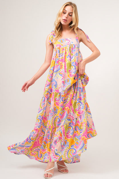 And The Why Full Size Printed Tie Shoulder Tiered Maxi Dress - UrbanEthereal