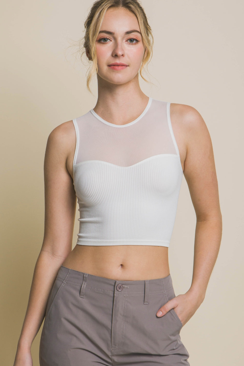 Love Tree Round Neck Ribbed Cropped Mesh Tank - UrbanEthereal