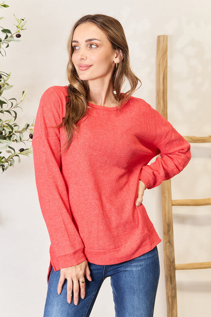 Basic Bae Round Neck Drop Shoulder Slit Sweatshirt - UrbanEthereal