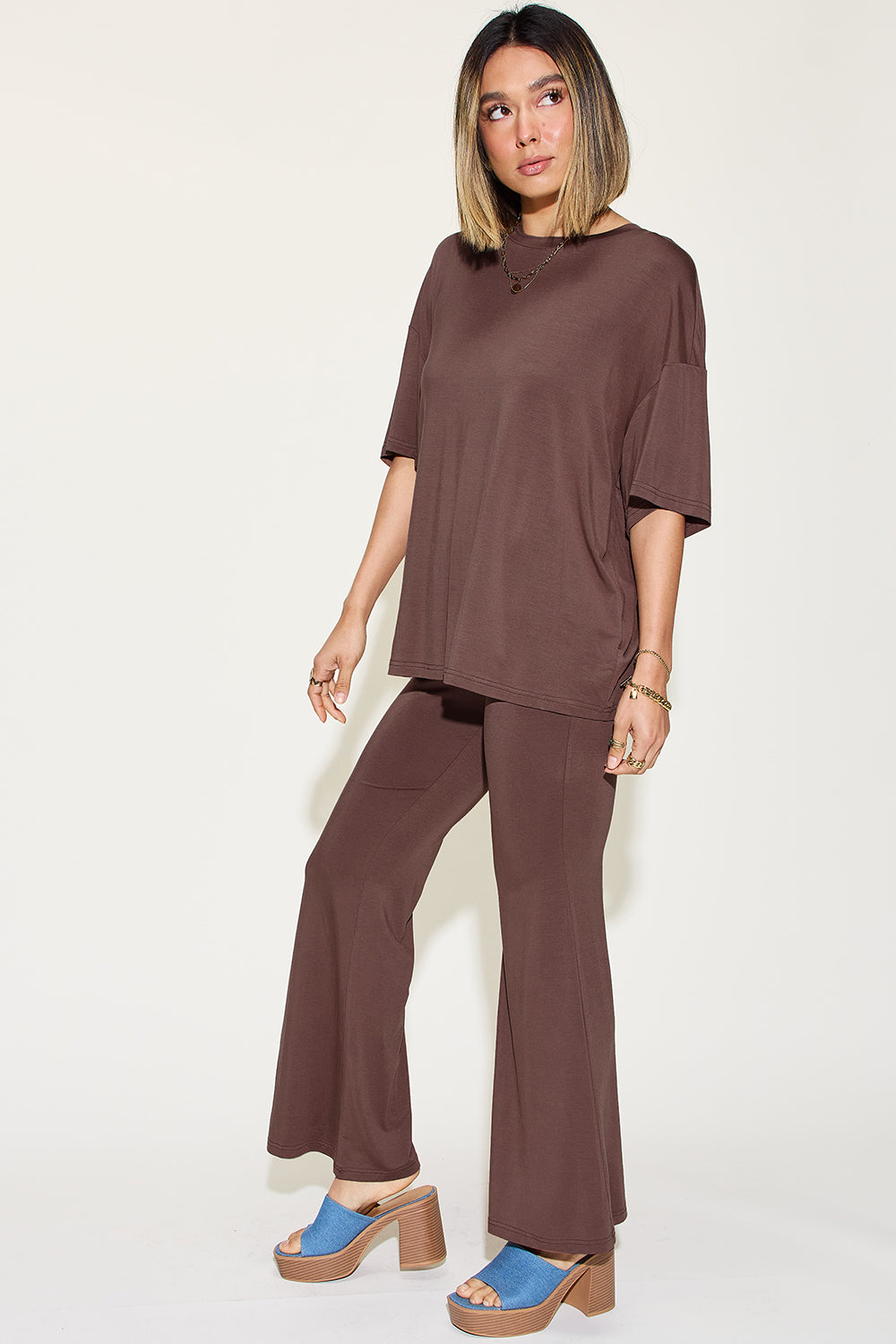 Basic Bae Full Size Bamboo Drop Shoulder T-Shirt and Flare Pants Set - UrbanEthereal