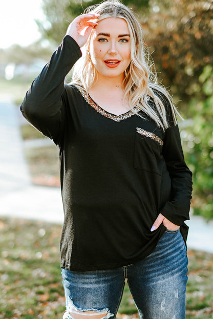 Plus Size Sequin V-Neck Long Sleeve T-Shirt - UrbanEthereal