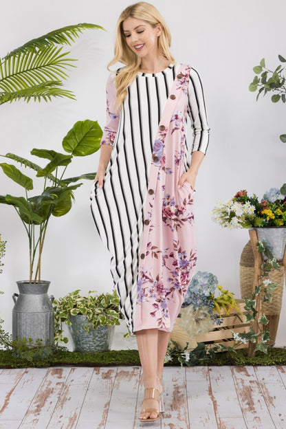 Celeste Full Size Floral Striped Contrast Midi-Dress with Pockets - UrbanEthereal