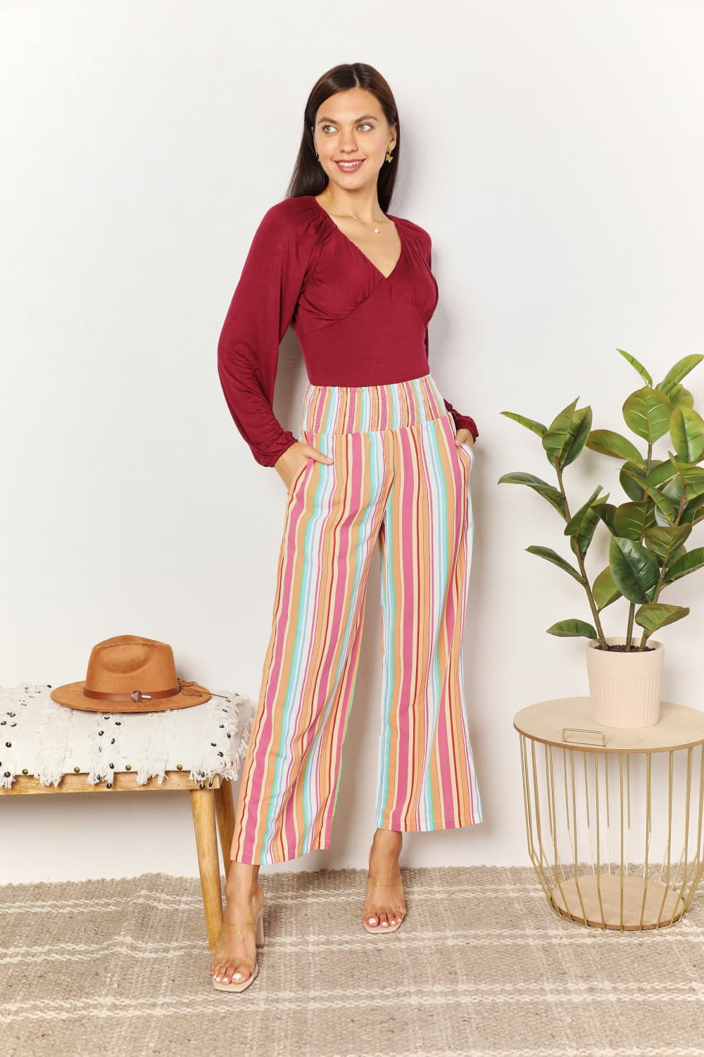 Double Take Striped Smocked Waist Pants with Pockets - UrbanEthereal