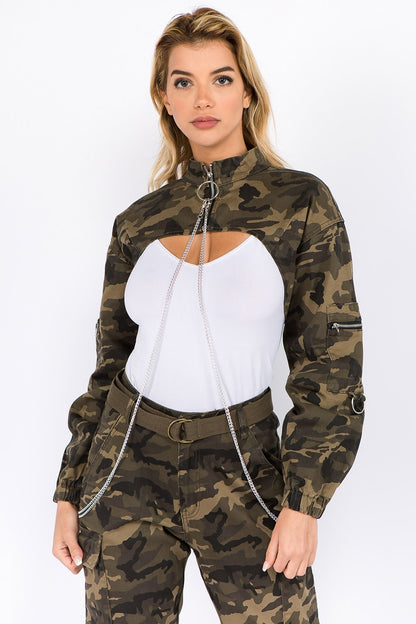 American Bazi Camouflage Cropped Jacket with Chains - UrbanEthereal