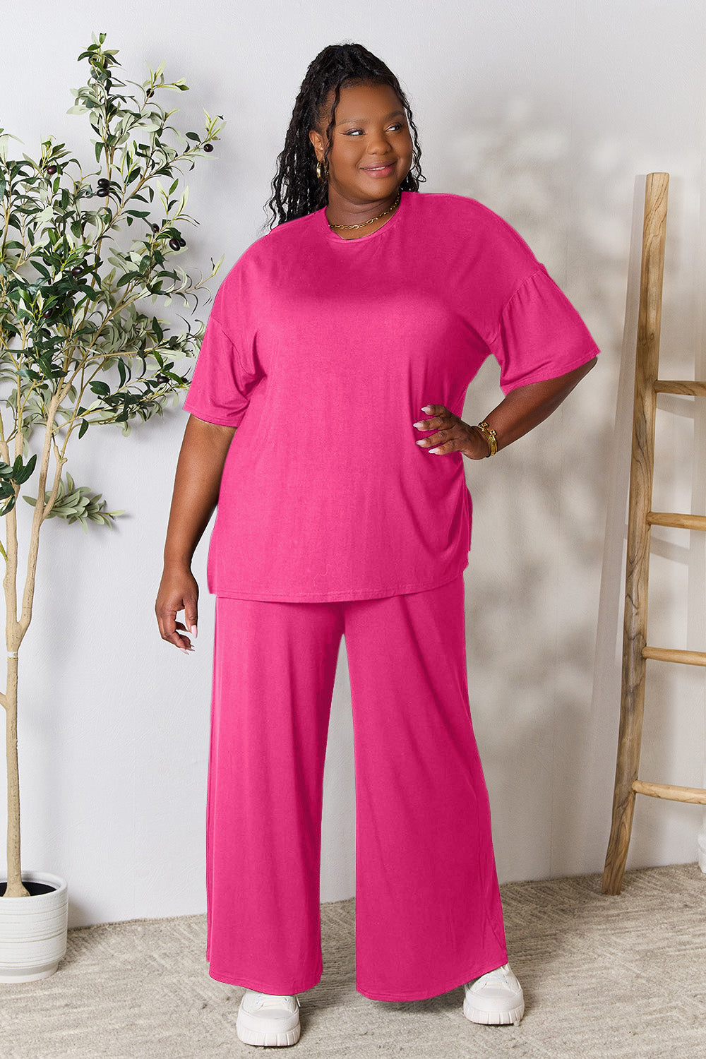 Double Take Full Size Round Neck Slit Top and Pants Set - UrbanEthereal