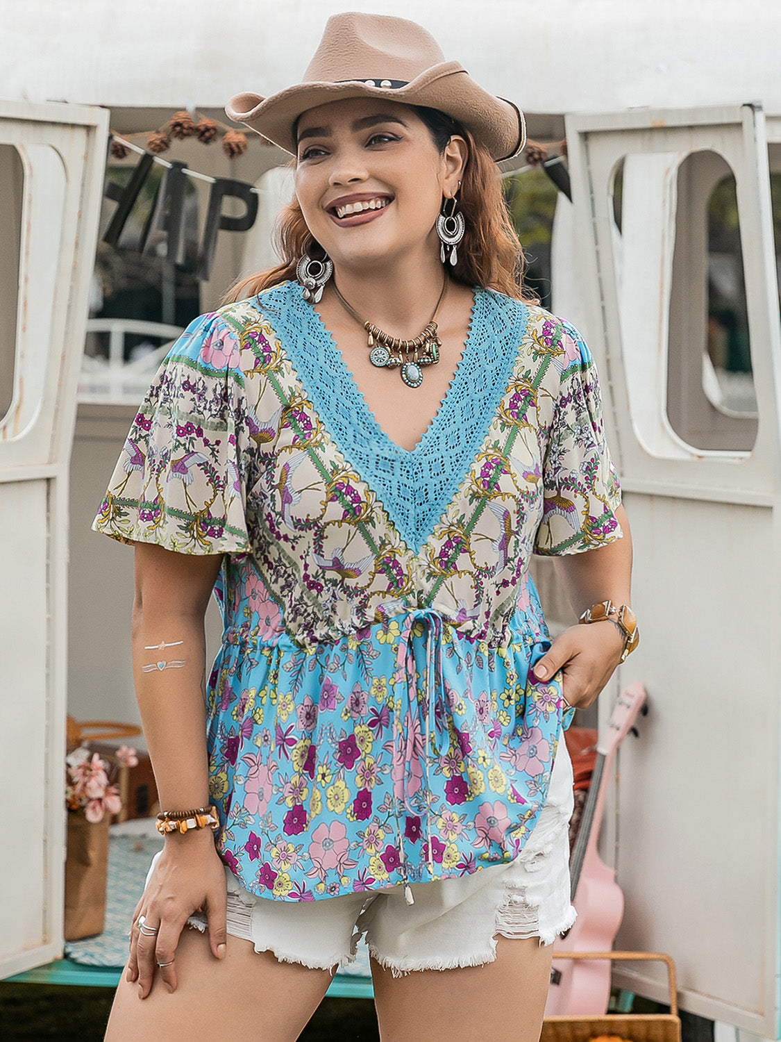Plus Size Ruched Lace Detail Printed V-Neck Short Sleeve Blouse - UrbanEthereal