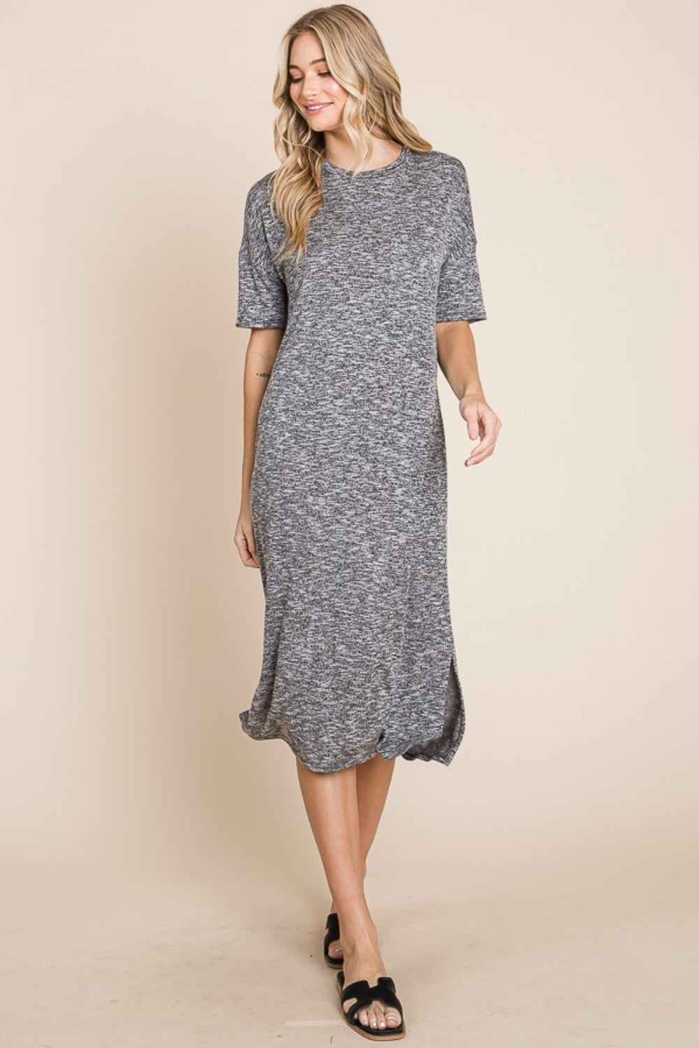 BOMBOM Slit Round Neck Half Sleeve Midi Dress - UrbanEthereal