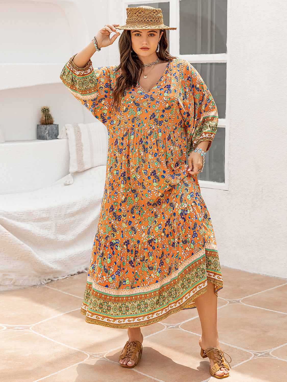 Plus Size Floral V-Neck Balloon Sleeve Midi Dress