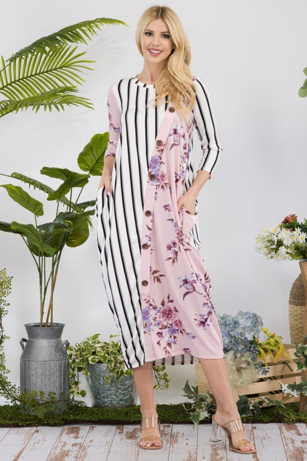 Celeste Full Size Floral Striped Contrast Midi-Dress with Pockets - UrbanEthereal
