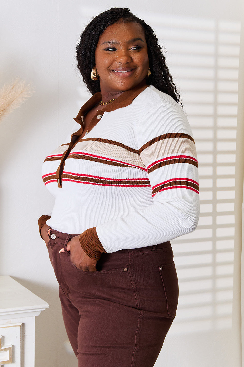 Basic Bae Striped Collared Neck Rib-Knit Top - UrbanEthereal