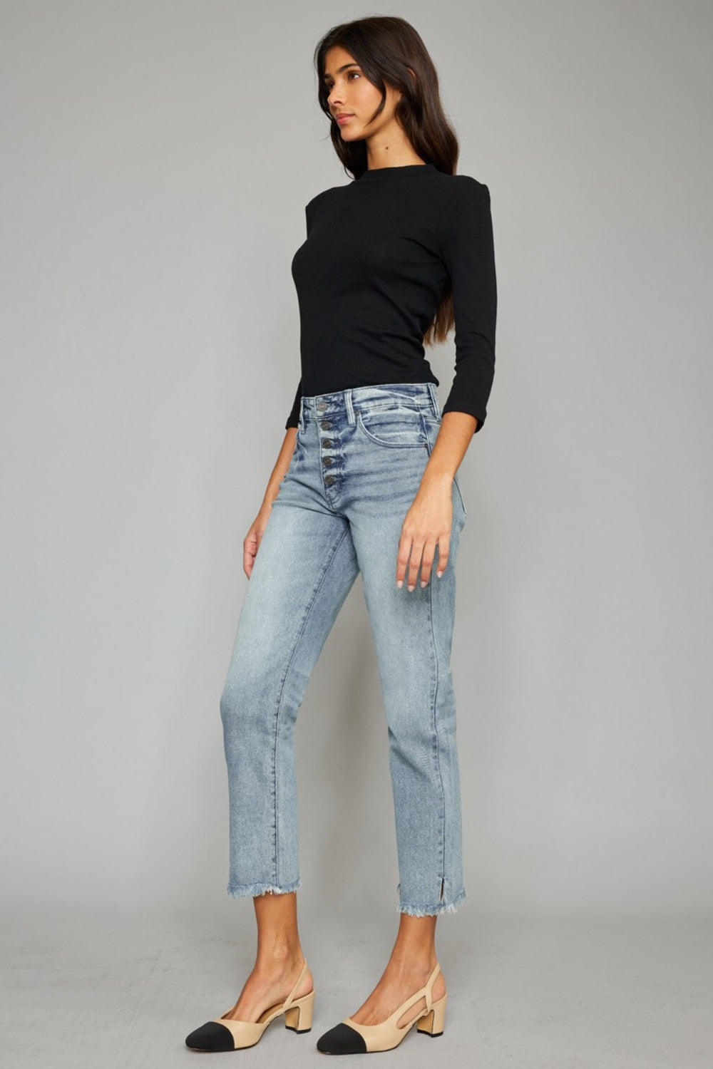 Kancan High Waist Button Fly Raw Hem Cropped Straight Jeans - UrbanEthereal