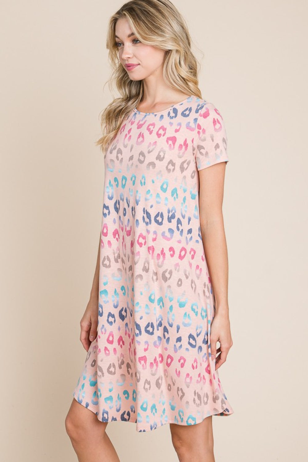 BOMBOM Leopard Round Neck Short Sleeve Dress - UrbanEthereal