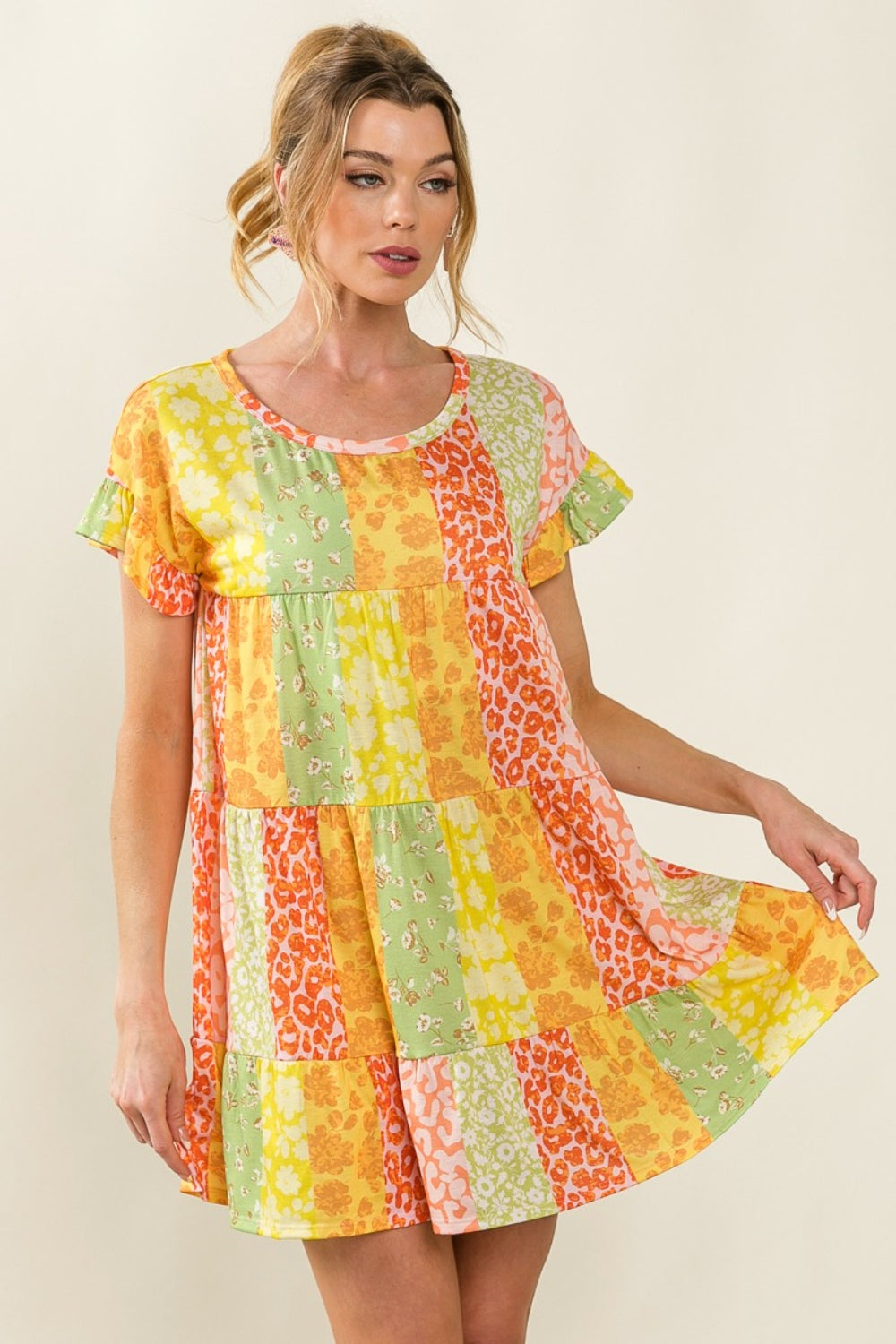 BiBi Leopard Short Sleeve Tiered Dress - UrbanEthereal