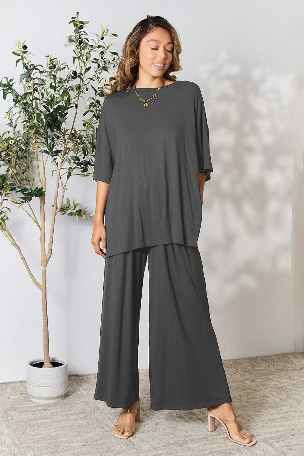 Double Take Full Size Round Neck Slit Top and Pants Set - UrbanEthereal