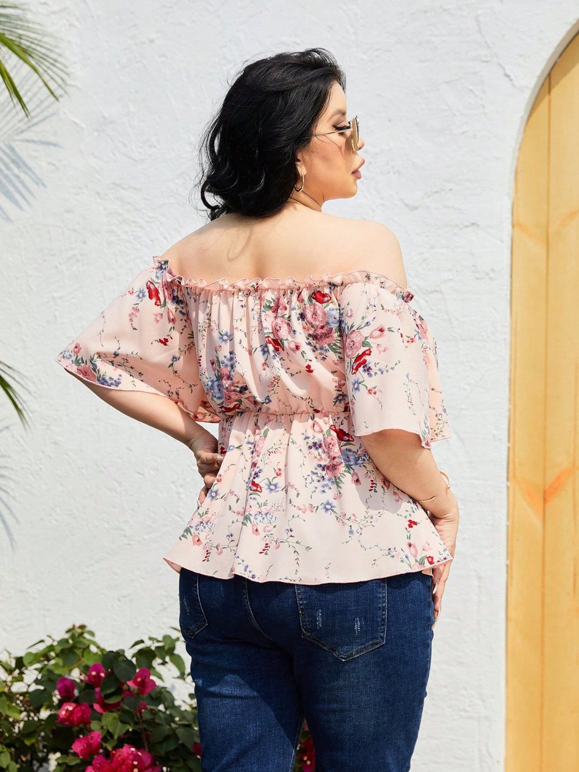 Plus Size Frill Printed Flutter Sleeve Blouse - UrbanEthereal