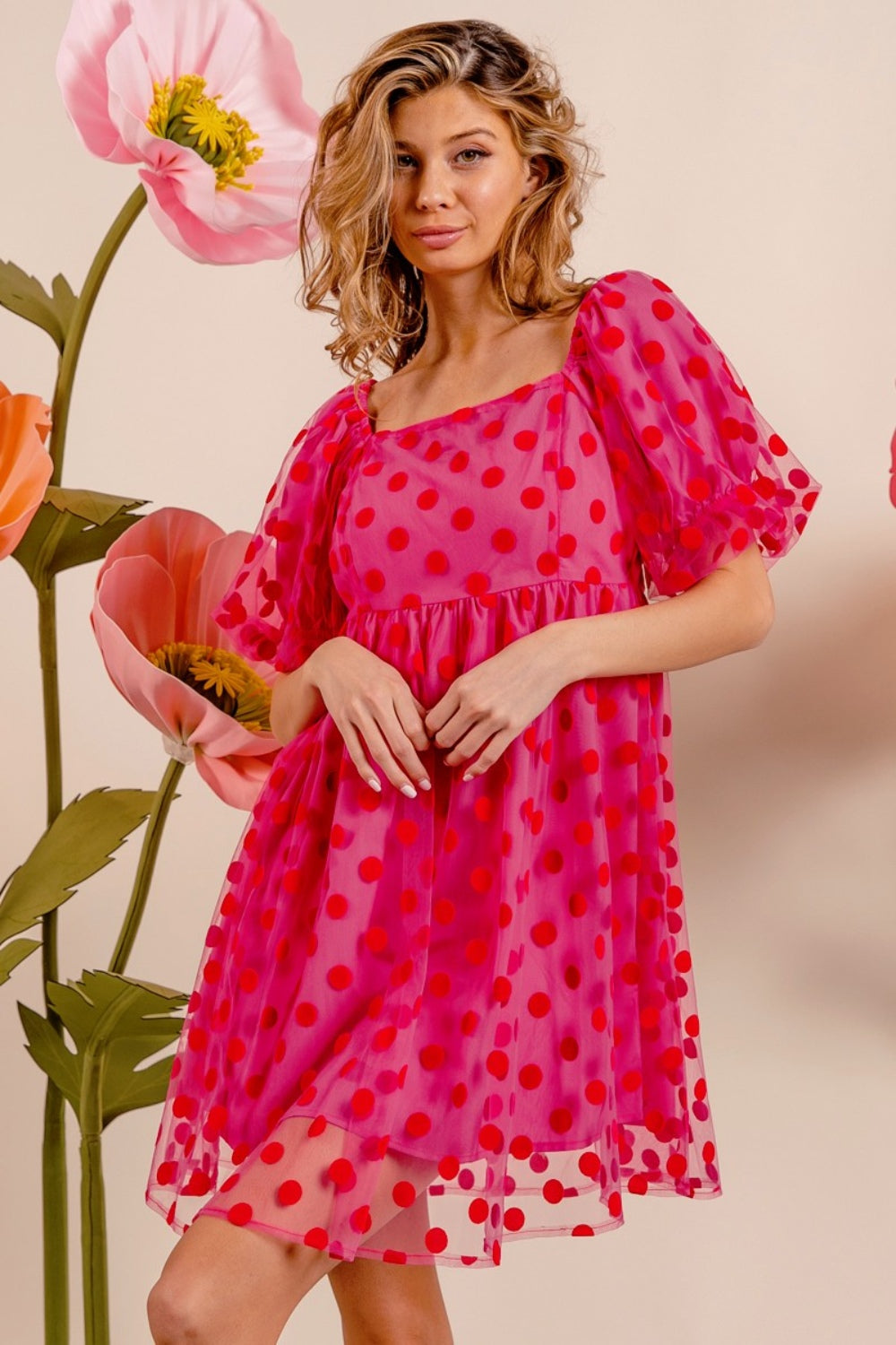 BiBi Polka Dot Mesh Puff Sleeve Dress - UrbanEthereal