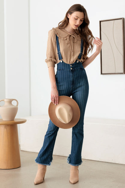 Litz La Striped Stretched Suspender Denim Overalls - UrbanEthereal