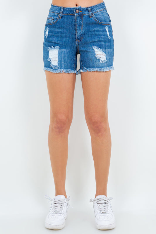 American Bazi High Waist Distressed Frayed Denim Shorts - UrbanEthereal