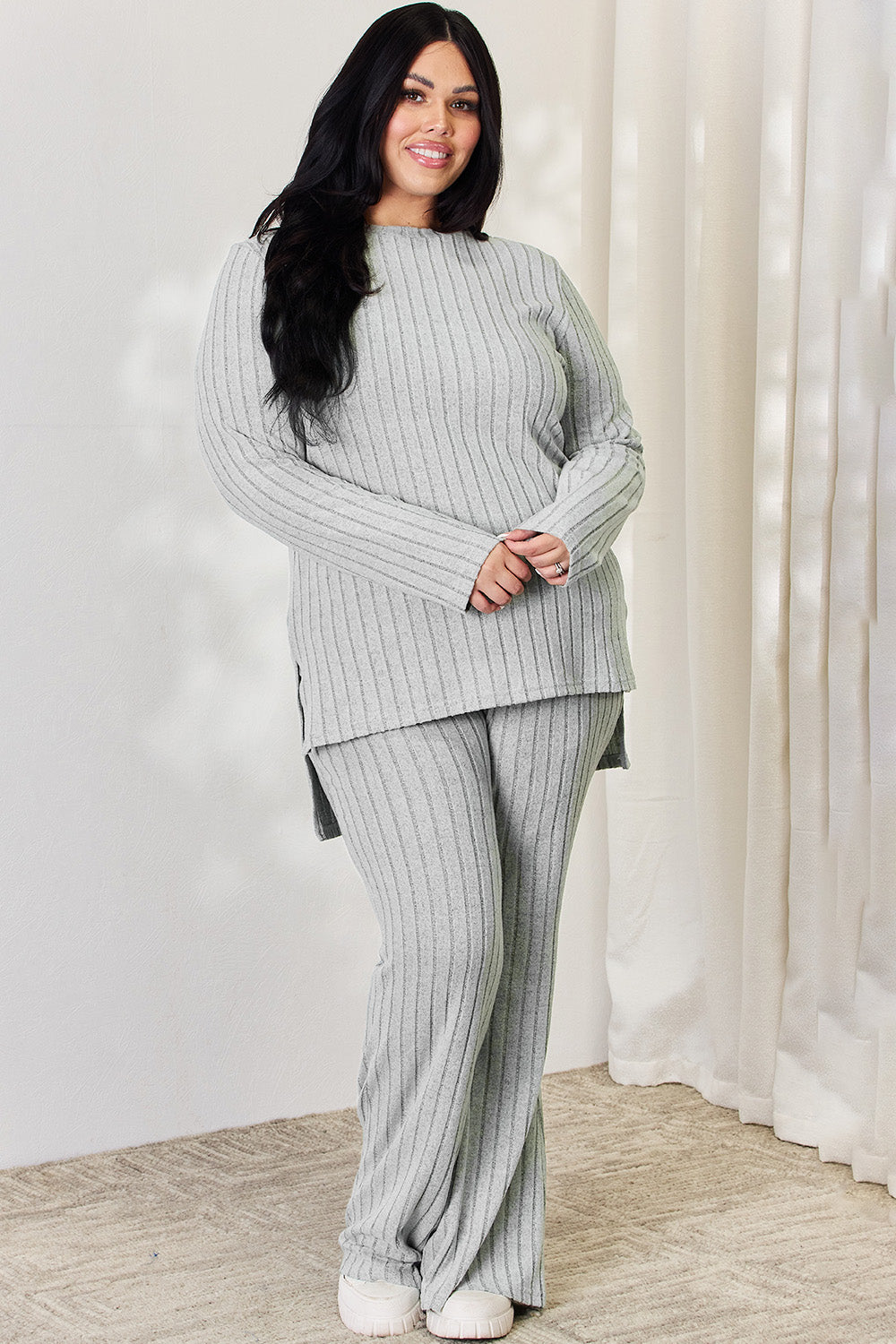 Basic Bae Full Size Ribbed High-Low Top and Wide Leg Pants Set - UrbanEthereal