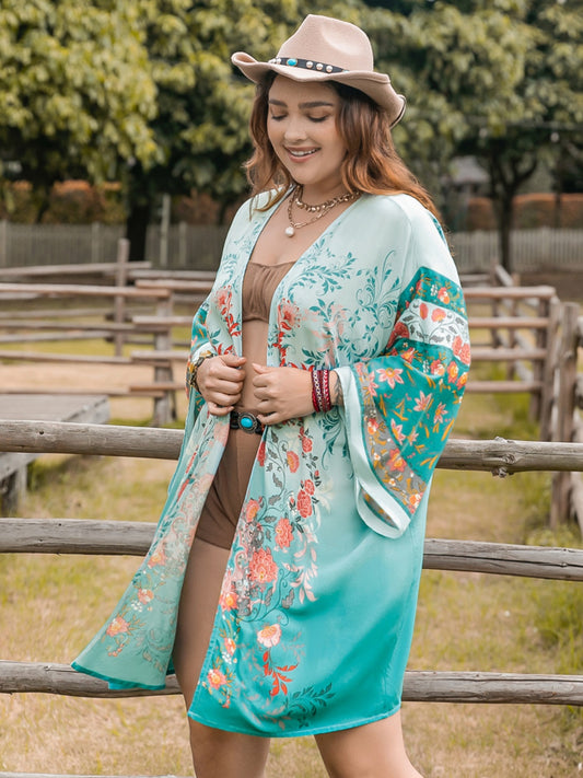 Plus Size Printed Open Front Long Sleeve Cover Up - UrbanEthereal