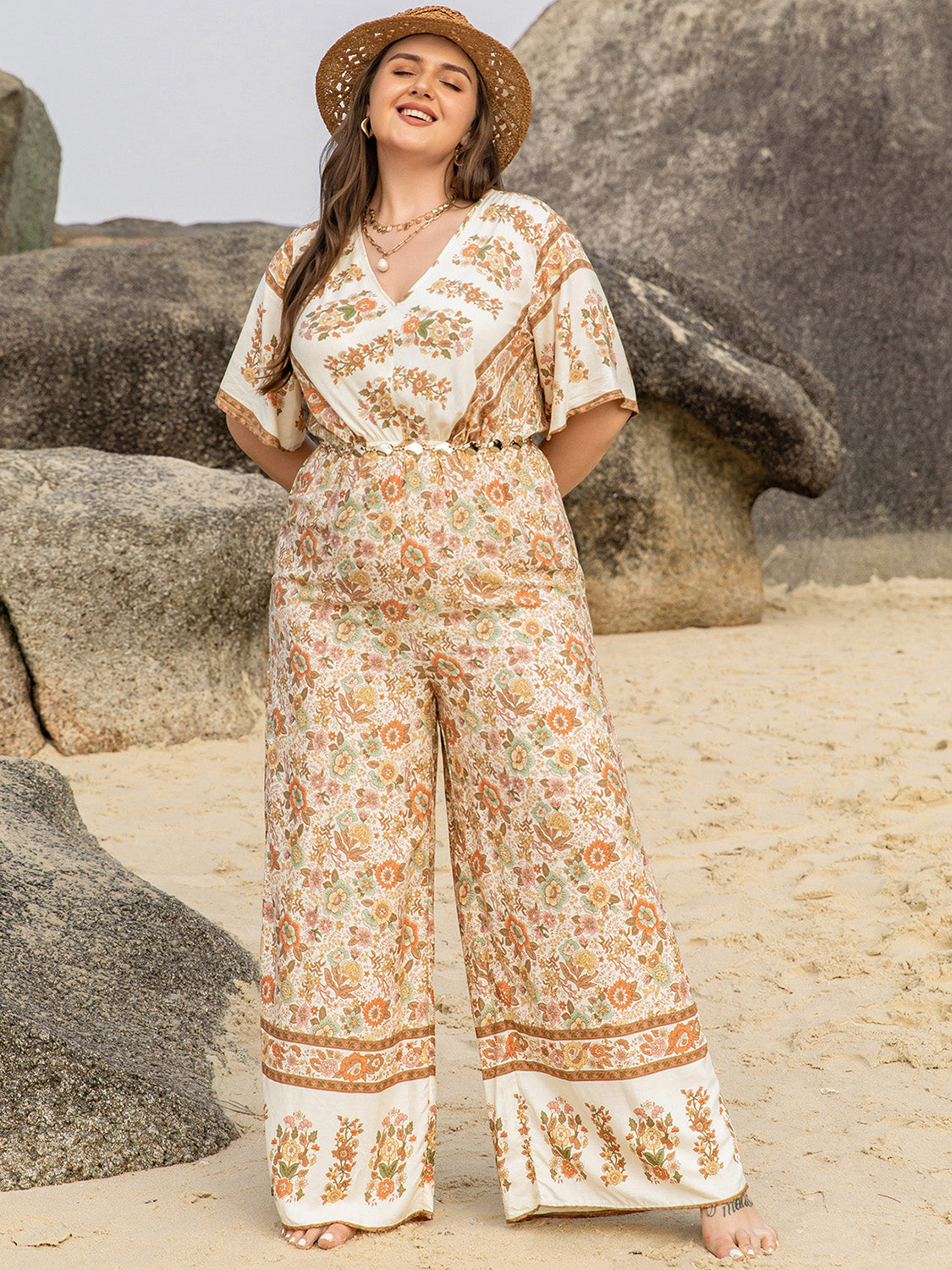 Plus Size V-Neck Flutter Sleeve Wide Leg Jumpsuit - UrbanEthereal