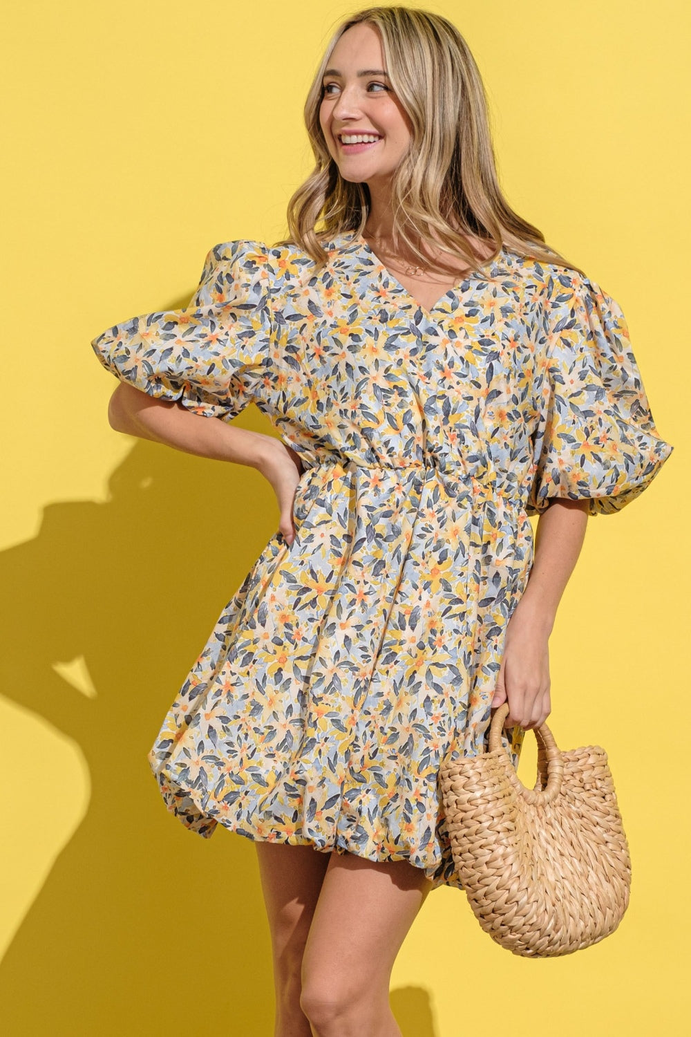 And The Why Full Size Floral Surplice Puff Sleeve Dress - UrbanEthereal