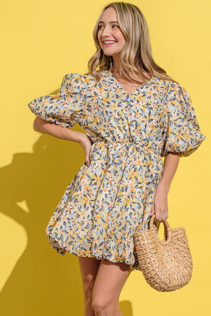 And The Why Full Size Floral Surplice Puff Sleeve Dress - UrbanEthereal