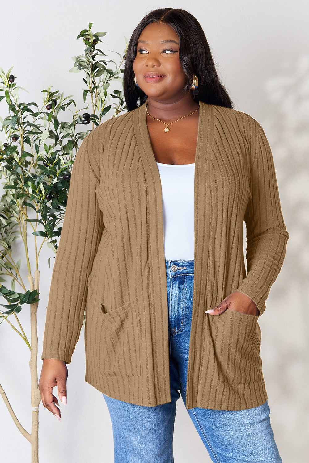 Basic Bae Full Size Ribbed Open Front Cardigan with Pockets - UrbanEthereal