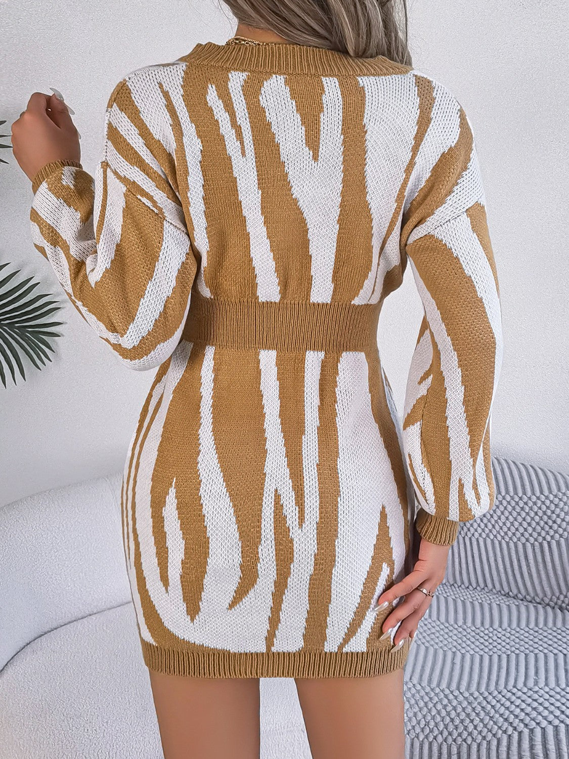 Animal Print V-Neck Long Sleeve Sweater Dress