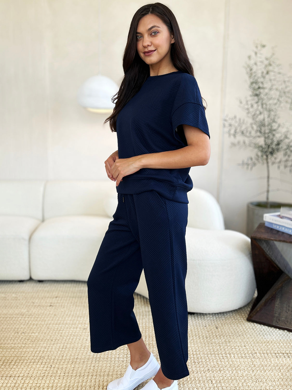 Double Take Full Size Texture Short Sleeve Top and Pants Set - UrbanEthereal