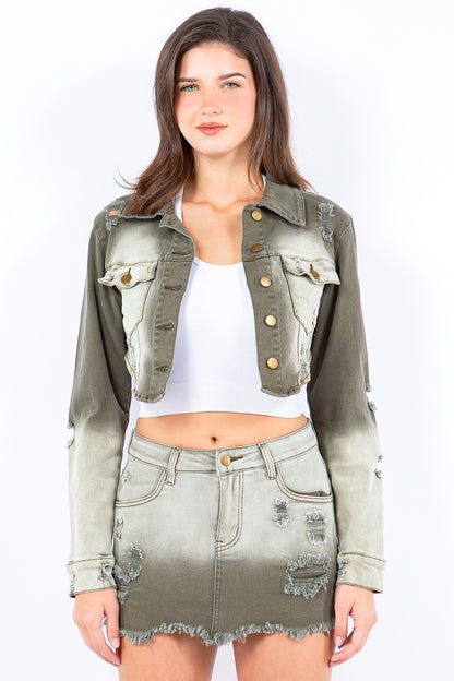 American Bazi Distressed Ombre Washed Cropped Denim Jacket - UrbanEthereal