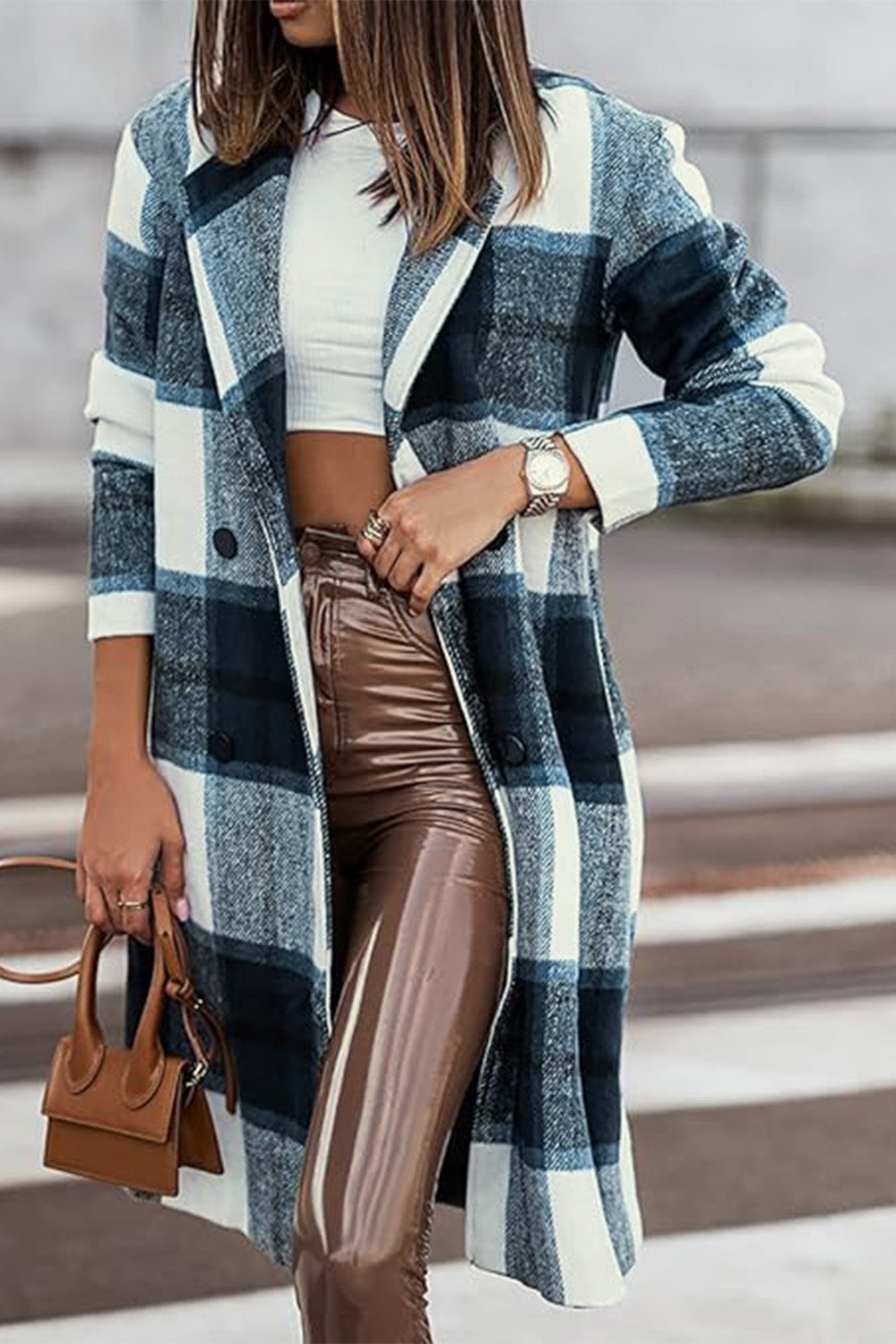 Double Take Full Size Plaid Button Up Lapel Collar Coat - UrbanEthereal