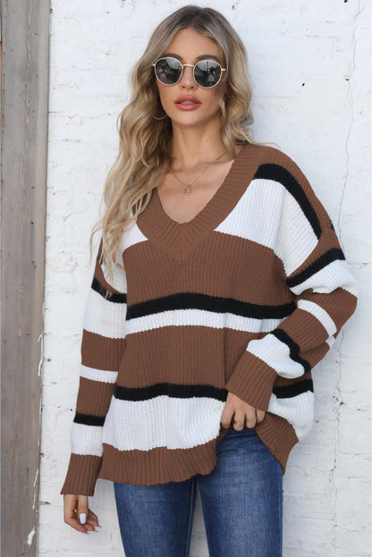 Color Block V-Neck Dropped Shoulder Sweater