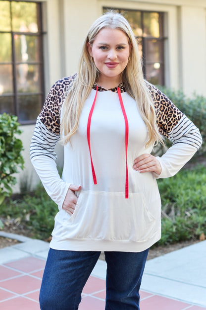 Celeste Design Full Size Leopard Contrast Drawstring Hoodie - UrbanEthereal