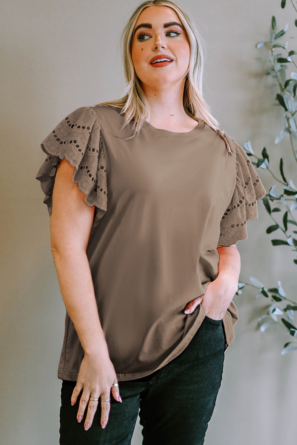 Plus Size Eyelet Round Neck Short Sleeve Blouse - UrbanEthereal