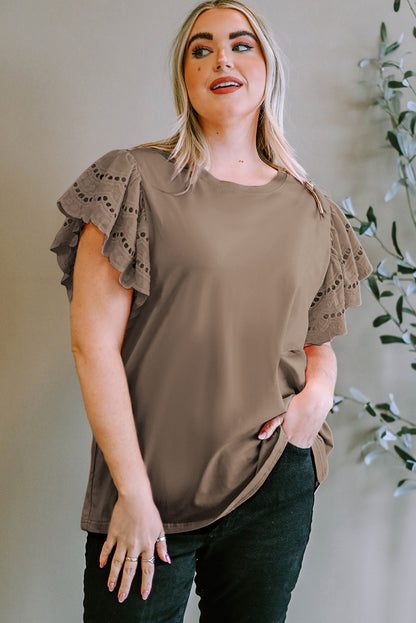 Plus Size Eyelet Round Neck Short Sleeve Blouse - UrbanEthereal