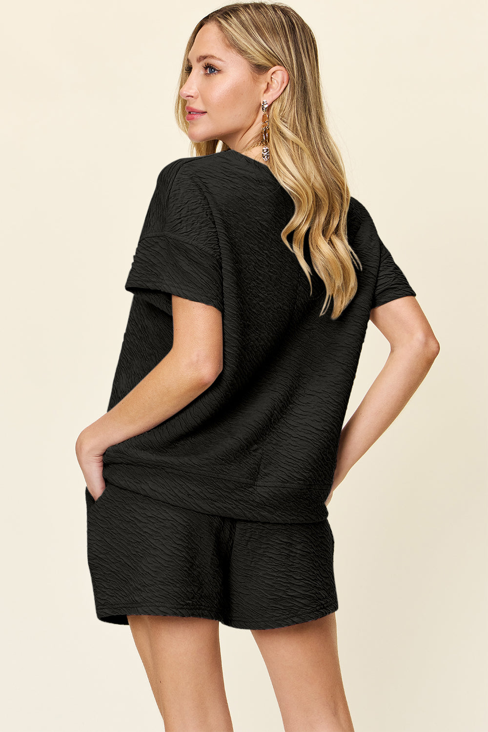 Double Take Full Size Texture Short Sleeve T-Shirt and Drawstring Shorts Set - UrbanEthereal