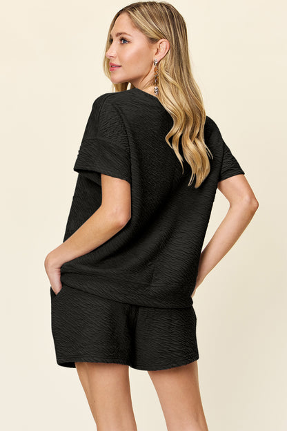 Double Take Full Size Texture Short Sleeve T-Shirt and Drawstring Shorts Set - UrbanEthereal