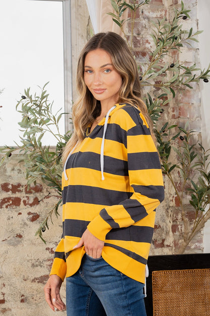 Full Size Drawstring Striped Long Sleeve Hoodie - UrbanEthereal