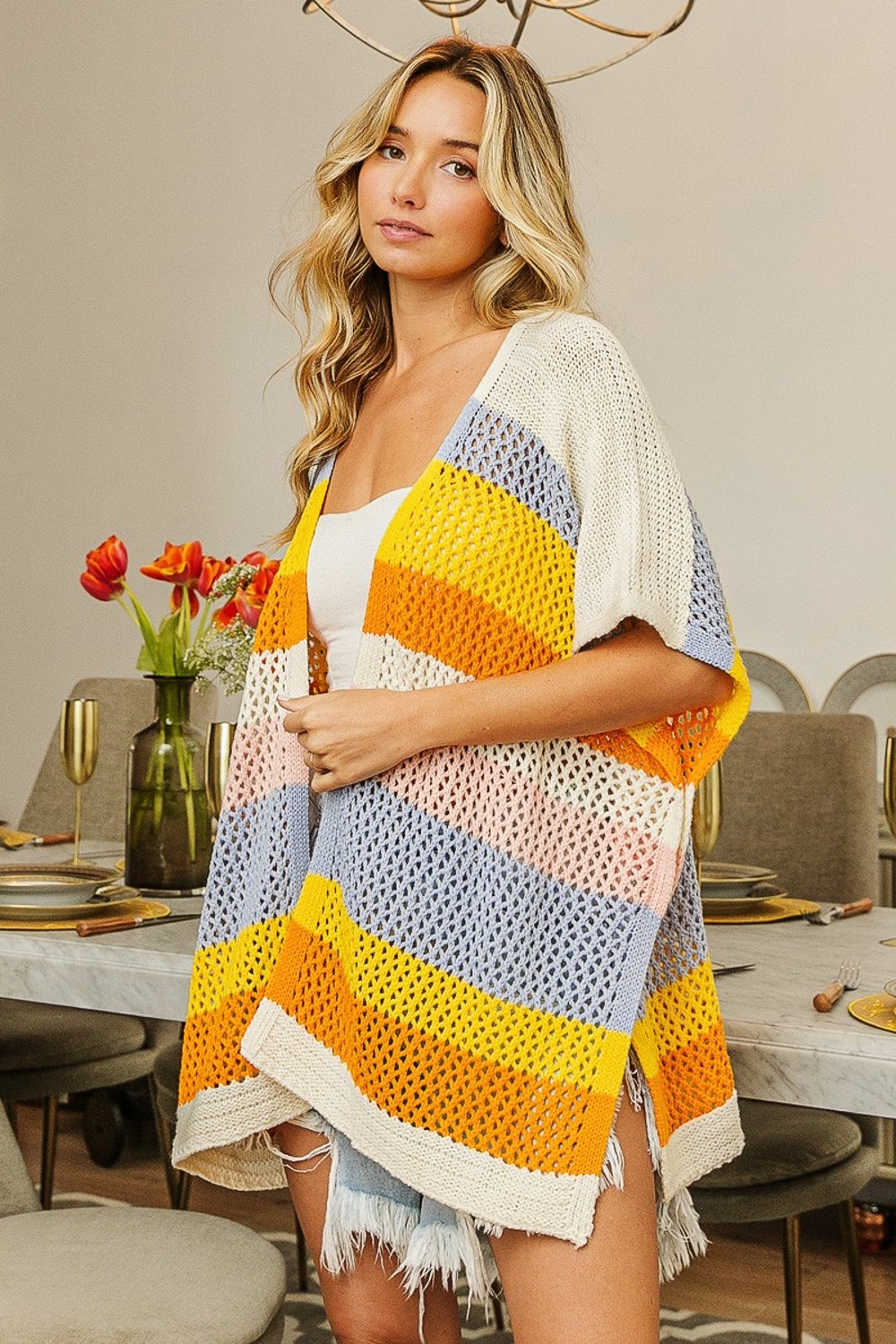 BiBi Openwork Striped Open Front Knit Cardigan - UrbanEthereal
