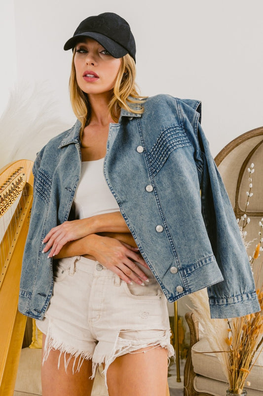 BiBi Button Up Long Sleeve Denim Jacket - UrbanEthereal