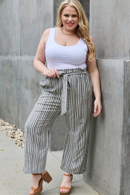 Heimish Find Your Path Full Size Paperbag Waist Striped Culotte Pants - UrbanEthereal