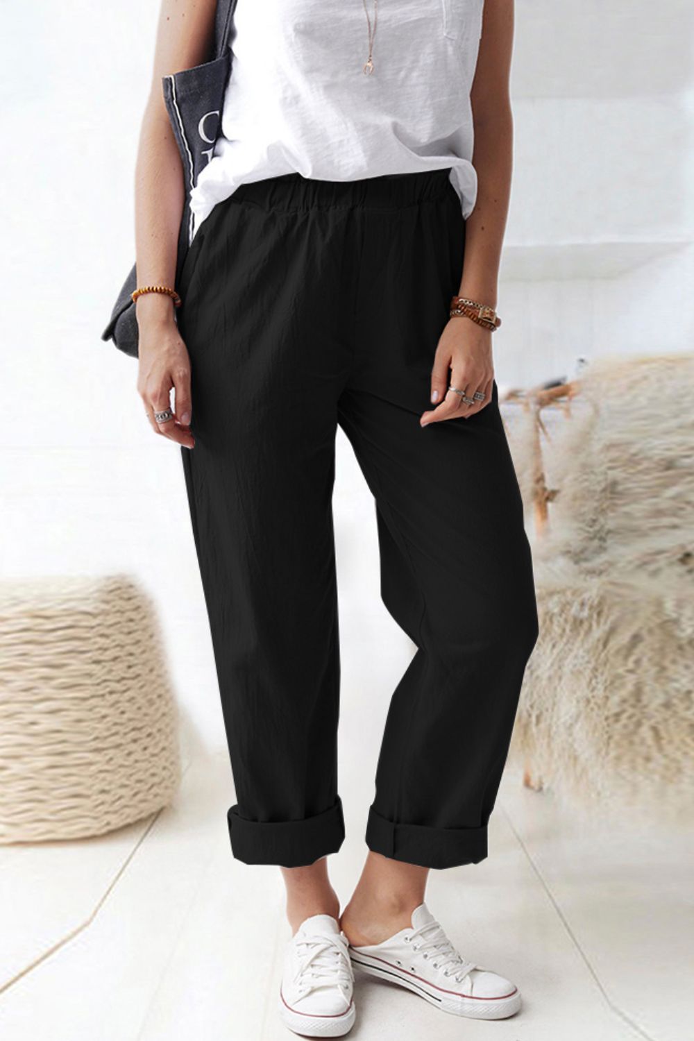 Shiny Paperbag Waist Pull-On Pants with Pockets