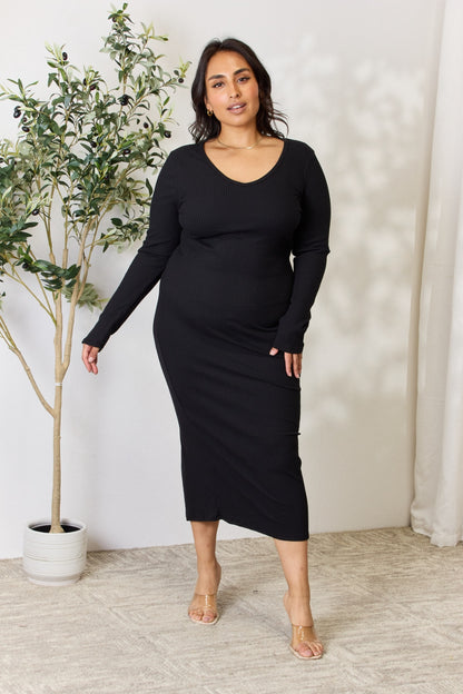 Culture Code Full Size Ribbed Long Sleeve Midi Slit Dress - UrbanEthereal