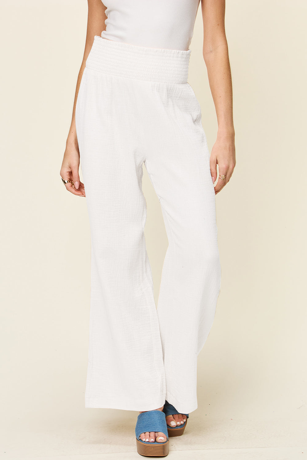 Double Take Full Size Texture Smocked Waist Wide Leg Pants - UrbanEthereal