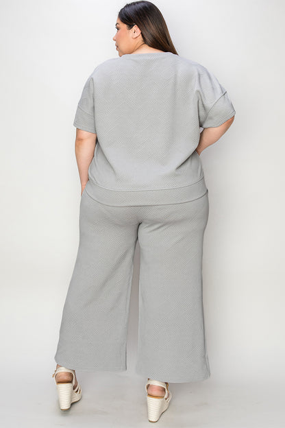 Double Take Full Size Texture Short Sleeve Top and Pants Set - UrbanEthereal
