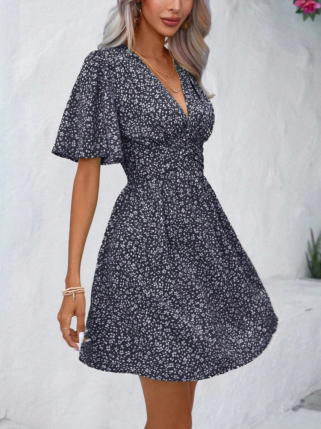 Printed V-Neck Half Sleeve Mini Dress - UrbanEthereal