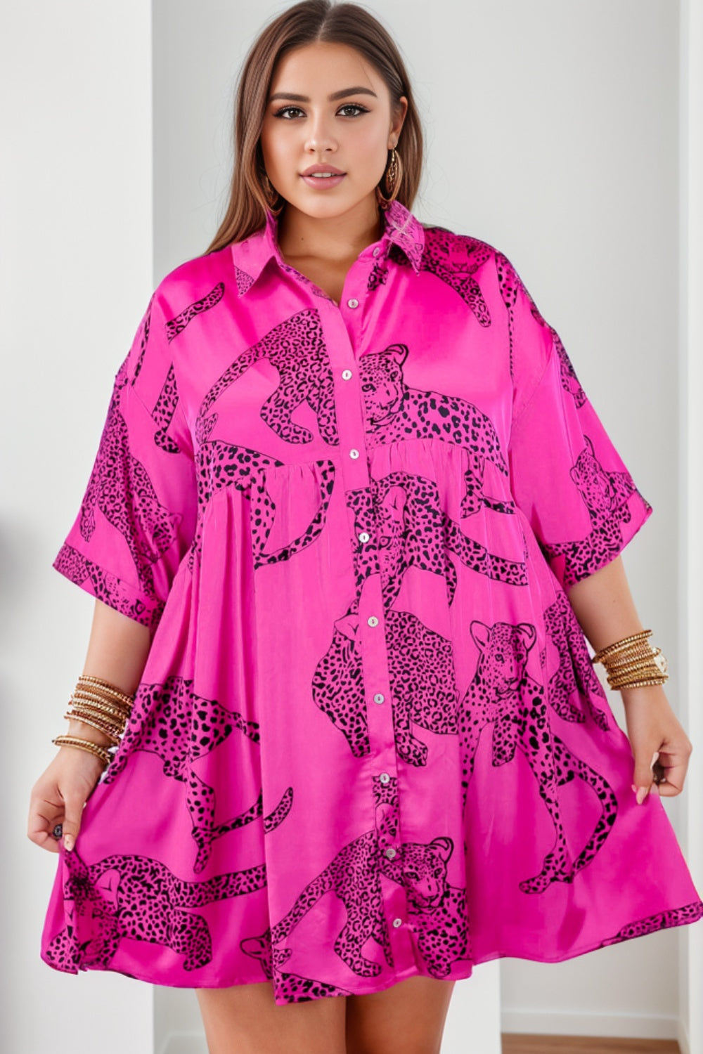 Plus Size Tiger Printed Button Up Half Sleeve Dress - UrbanEthereal